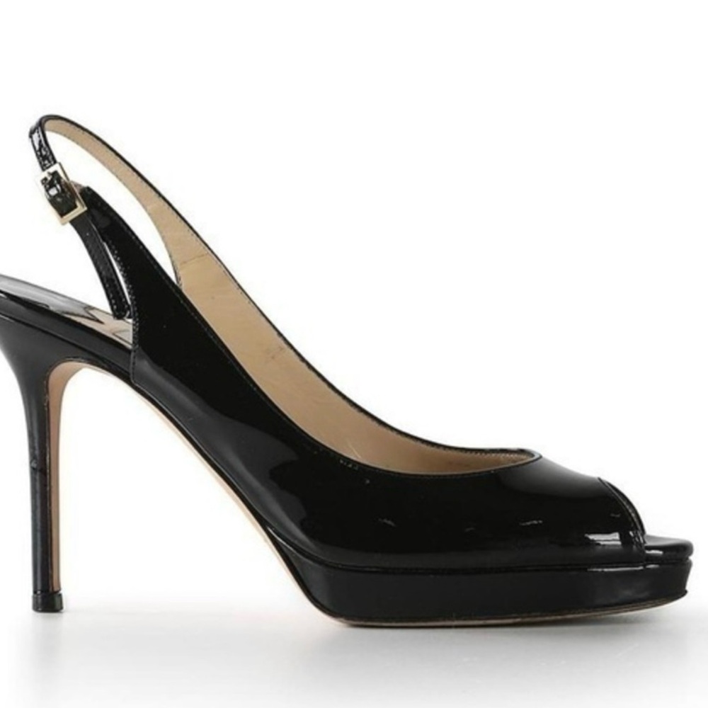 Jimmy Choo Black Patent Leather Peep Toe Platform Sandals
